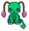 Green pixelated creature with brown pigtails and pink earlobes sits in a of showing sequential eye-closed expressions