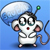 Pixelated mouse-like character with large eyes, pink cheeks, and a green-tipped antenna, standing against a blue background with a white speech bubble.