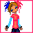 Pixel art with character, footwear, and text fragments in red and blue squares