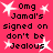 Pixelated text on a bright pink background with white starbursts, repeating 'Omg Jamal's signed on don't be Jealous' in four identical sections.