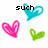 Pixelated heart-shaped icons in cyan, pink, and green with text labels 'such' and 'flirt' above cyan hearts, and a gray rectangle on the right.