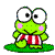 Two side-by-side pixelated frames of a green cartoon frog character with pink cheeks, large white eyes, and red-and-white striped shorts standing on grass.