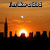 Animated cityscape at sunset with text overlays changing across frames, showing a sun setting behind silhouetted buildings and shifting white shapes in the sky.