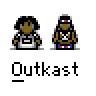 A contact sheet of 14 animated frames showing an Outkast-themed buddy icon with pixelated characters, American flag backgrounds, and text variations.