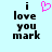 Pixelated text 'i love you mark' on light blue background with pink heart symbol above the word 'love'.