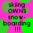 A static image with bright pink background and green circles, displaying repeated text "skiing OWNS snow-boarding !!!" in black pixelated font.