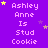 Purple background with repeated text 'Ashley Anne Is Stud Cookie' in light purple, scattered yellow and gray stars.