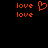 Red pixelated text and heart symbol on black background, with four 'love' instances and one heart icon.