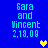 Blue background displays four identical text blocks reading 'Sara and Vincent 2.18.09' with two heart icons, one yellow and one gray, positioned between the blocks.