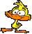Pixelated yellow duck with orange beak and feet walks in a sequence showing three distinct poses