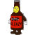 Pixelated cartoon bottle character with red label, yellow cap, white hands, and brown limbs on gray background.