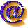 Four animated frames of a pixelated @ symbol icon with purple and gold colors, white sparkles, and subtle frame-to-frame variations on a gray background.