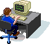 Pixelated image of a person in blue shirt and dark pants sitting at desk with beige computer, green dots on screen.