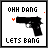 A 5x5 contact sheet of animated frames showing a pixelated handgun with changing text above it and varying colored accents, all on a white background.