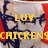 A pixelated image of a man with glasses and red shoulder accents, overlaid with yellow text reading LUY CHICKENS DNT EAT THEM.