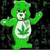 Static pixelated green Care Bear mascot with white belly emblem on black background, arms raised in waving pose.
