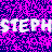 Pixelated text "STEPH" repeated with cyan and white color shifts on a magenta-and-blue dithered background in an animated contact sheet frame.