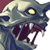Pixelated static image of a cartoonish monster head with glowing eyes and sharp teeth against a maroon background.