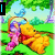 Animated pixel art of a yellow bear in a red shirt lying on a green grassy hill under a tree, with a pink figure and a wicker basket, text changes from 'Love' to 'Parker' over time.