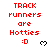Red pixelated text "TRACK runners are Hotties :D" with a black heart symbol on white background, showing animation changes in the heart's shape.