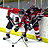 Pixelated hockey scene with players in red and white gear near yellow boards, text 'hockey fan' below and 'hard core' above.