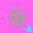 Green pixelated text "Live Laugh Love" on four colored backgrounds with a small star icon in the bottom-right corner of two