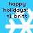Blue background with four white snowflakes, each overlaid with black text reading 'happy holidays! =] britt' in pixelated font.