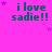 identical text-based icons on a bright pink background, each displaying 'i love sadie!!' in teal pixelated font with small purple stars scattered around
