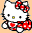 Pixelated Hello Kitty avatar with red bow and dress, yellow eyes, black nose, white face on peach background.