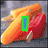 Pixelated image of two hot dogs with a green and blue rectangle overlay on the left side, set against a blurred background.