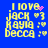 Blue background with yellow pixelated text reading "I LOVE JACK KAYLA BECCA" and heart symbols, featuring animated pink sparkles near the top-right.