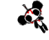 Six pixelated cartoon figures with black ears, white faces, and red blood-like stains on their heads float against a gray background in varying poses.