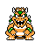 Six pixel-art depictions of a cartoonish orange dinosaur-like character with green spikes, white horns, and striped torso on gray background.