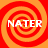 Four identical spiral patterns in red and orange with the text 'NATER' overlaid in white pixelated font, arranged in a on a solid orange background