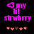 Pixelated pink text 'my lil strawbry' with a heart symbol, above five small hearts on black background; animation changes one brown heart to orange.