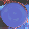 A circular blue icon with a brown border transitions through three states: a smooth gradient, a subtle swirl, and a distorted ripple effect, set against a dark background with red and blue lightning-like lines.