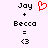 Pixelated text displays 'Joy' and 'Becca' with a red heart symbol above the plus sign, followed by an equals sign and '<3' on a light purple background.