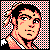 Pixel art portrait of a character with black hair and red accents against a checkered background, rendered in 8-bit style with limited color palette.