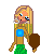 Pixel art of a female character with long blonde hair holding a shield, standing next to partial views of the same character in green dress and blue shoes.