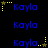 Blue text 'Kayla' with yellow star and dotted line decorations on black background, arranged in a pattern