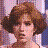 Pixelated 48x48 buddy icon featuring a woman with brown curly hair and light skin, split into four quadrants with text elements on a gray background.