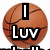 Pixelated basketball with bold black-and-white text overlay reading "I LUV" against a white background.