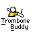 A 6-frame animated contact sheet of a pixel art trombone player icon with yellow shirt, white head, and musical notes.