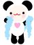 Pixelated panda avatar with black ears, red mouth, pink cheeks, light blue wings, and a pink heart on chest, shown in multiple poses with heart and hand gestures.