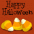 Brown 'Happy Halloween' text above four candy corn icons on a solid orange background.