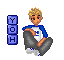Pixel art character with blonde hair and blue-and-white shirt sitting with knees up, next to vertical blue icon with white symbols.