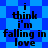 Blue background with repeating diamond shapes and black text reading "i think i'm falling in love" arranged in a pattern