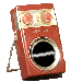 Red rectangular device with metallic accents and circular speaker grille showing animated sound wave patterns.
