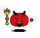 Red devil head with black horns, yellow eyes, and a beard; holds golden trident; gray background; four variations of mouth expression.