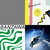 Static pixel grid with four distinct sections: gray top-left, yellow-pink vertical stripes top-right, green maze-like pattern bottom-left, blue gradient with dark shapes bottom-right.